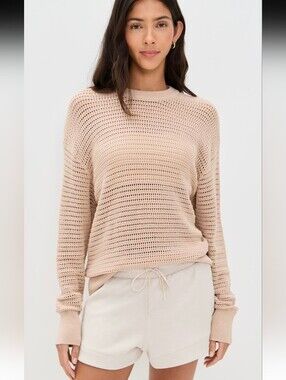 Varley Kershaw Open-Knit Cotton Crewneck Sweater in Light Beige